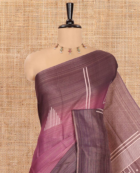 Pink Tissue Saree, Spotlighted with Horizontal Stripes and Geometric Motifs Printed All Over Its Body, Complemented by a Contrast-Printed Border, Pallu Depicts Geometric Patterns, and Paired with a Contrast Geometric Printed Blouse