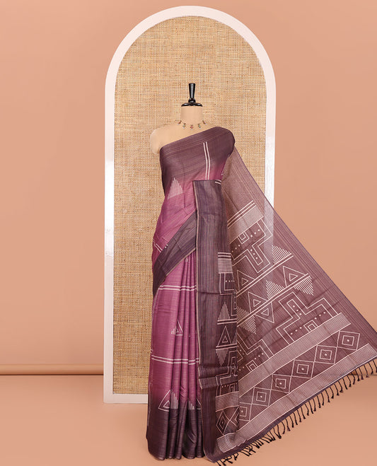 Pink Tissue Saree, Spotlighted with Horizontal Stripes and Geometric Motifs Printed All Over Its Body, Complemented by a Contrast-Printed Border, Pallu Depicts Geometric Patterns, and Paired with a Contrast Geometric Printed Blouse