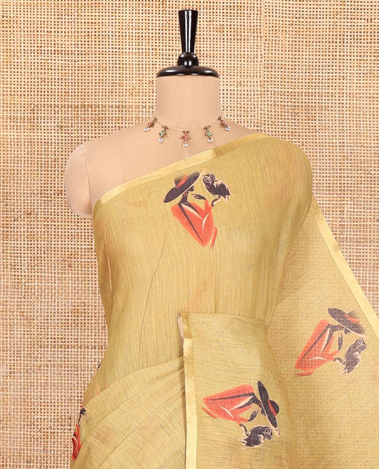 Green Linen Cotton Saree, Elevated with Girl Motifs Printed on Its Body, Subtle Zari Piping Border, Pallu Mirrors the Same Print, and Comes with a Matching Printed Blouse