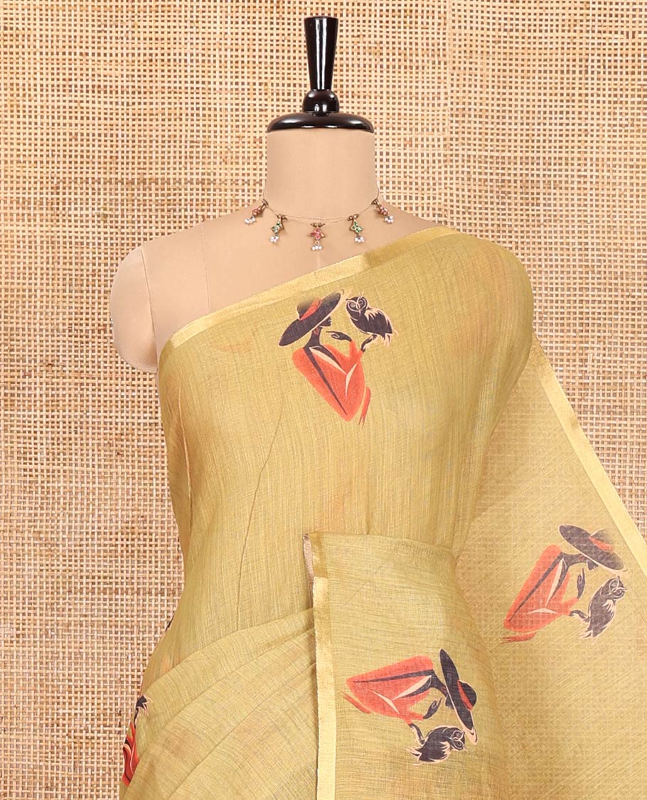 Green Linen Cotton Saree, Elevated with Girl Motifs Printed on Its Body, Subtle Zari Piping Border, Pallu Mirrors the Same Print, and Comes with a Matching Printed Blouse