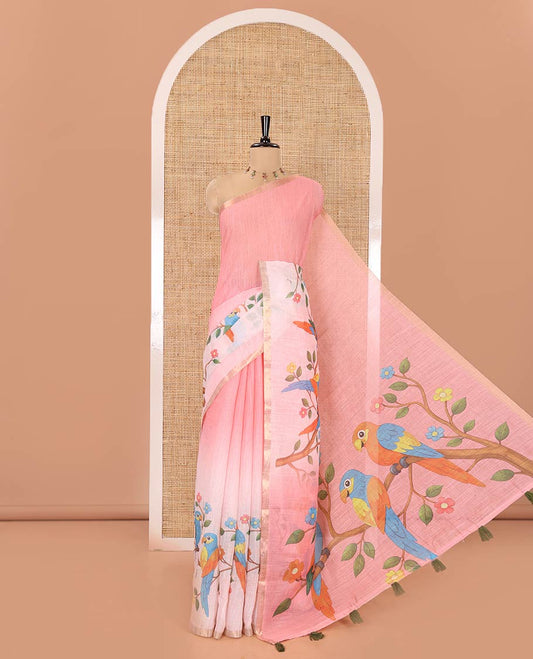 Pink Linen Saree, Finely Designed with Colorful Tree and Macaw Parrot Motifs Printed on Its Body, Subtle Zari Border, Pallu of the Same Tree and Macaw Parrot Motifs Printed, and Comes with a Matching Blouse