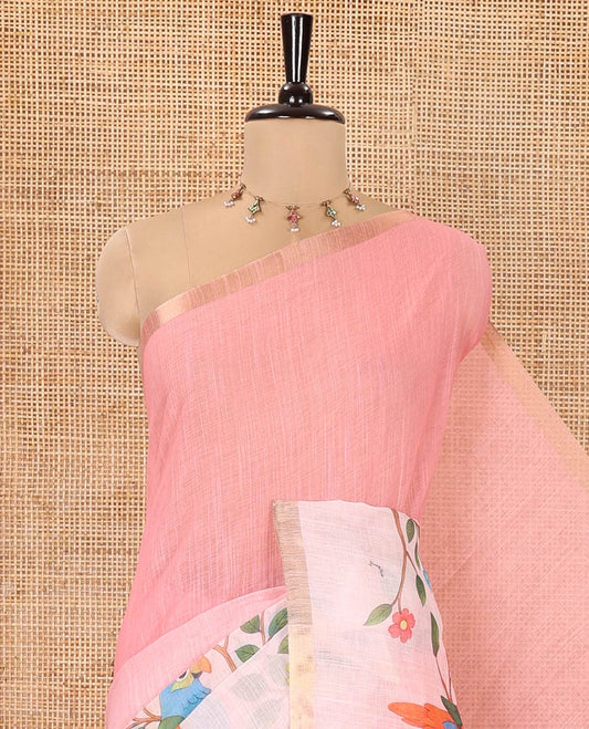 Pink Linen Saree, Finely Designed with Colorful Tree and Macaw Parrot Motifs Printed on Its Body, Subtle Zari Border, Pallu of the Same Tree and Macaw Parrot Motifs Printed, and Comes with a Matching Blouse
