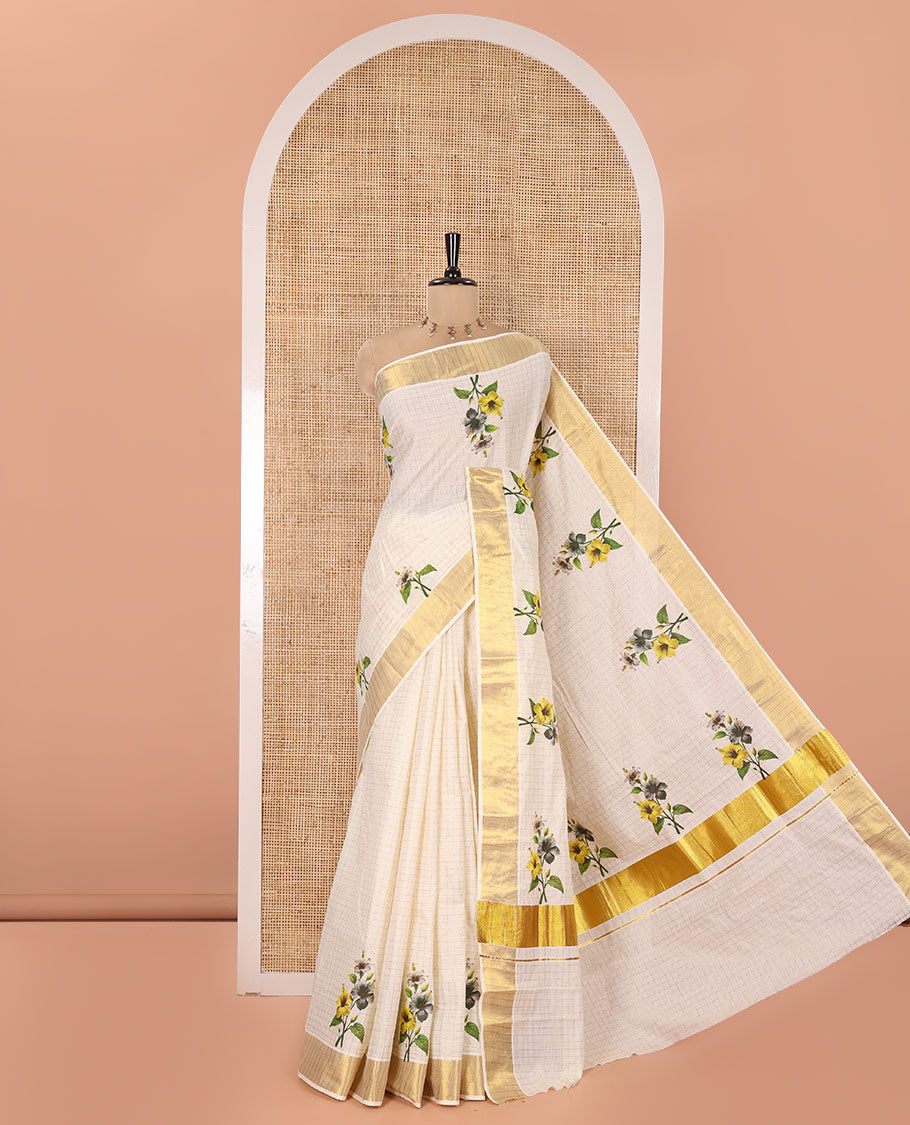 Off-White Kerala Cotton Saree, Adorned with Medium-Size Checked and Hibiscus Floral Motifs All Over Its Body, Highlighted by Zari Border, Self-Pallu, and Paired with a Matching Blouse