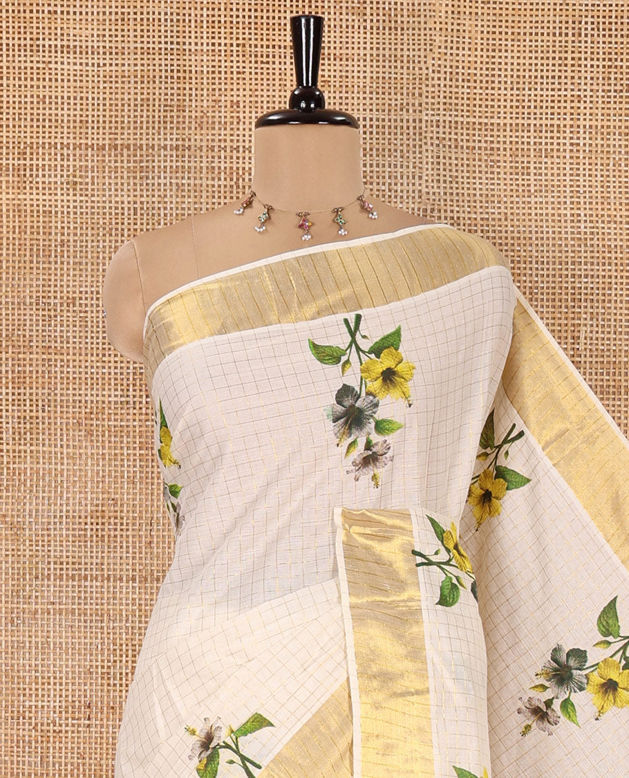 Off-White Kerala Cotton Saree, Adorned with Medium-Size Checked and Hibiscus Floral Motifs All Over Its Body, Highlighted by Zari Border, Self-Pallu, and Paired with a Matching Blouse