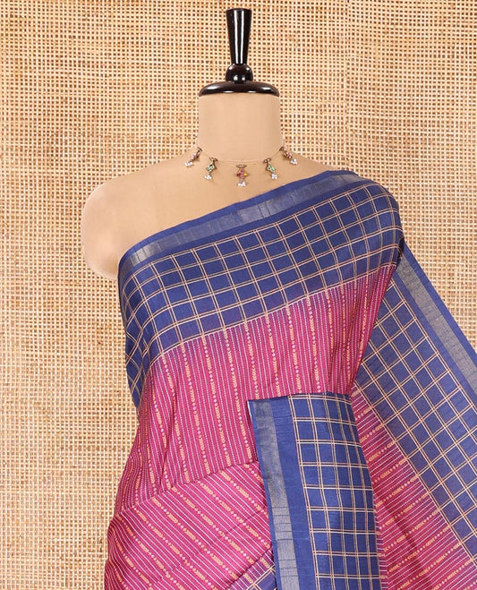 Purple Katan Silk Saree, Mesmerized with Vaira-Oosai-Style Stripes on Its Body, Complemented by a Contrast-Checked Border, Pallu of Jaal Designs, and Paired with a Contrast Blouse