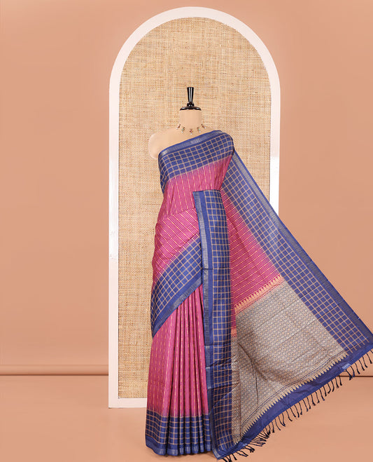 Purple Katan Silk Saree, Mesmerized with Vaira-Oosai-Style Stripes on Its Body, Complemented by a Contrast-Checked Border, Pallu of Jaal Designs, and Paired with a Contrast Blouse