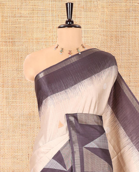Chikku Katan Silk Saree, Detailed with Temple and Coin Buttas on Its Body, Complemented by Contrast Border of Temple Designs, Pallu of Temple Designs, and Paired with a Contrast Blouse
