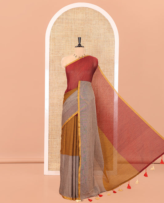 Borderless Maroon Plain Khadi Mul Cotton Saree, Adorned with Ombre-Style Stripes, Self-Pallu, and Paired with a Matching Blouse
