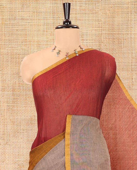 Borderless Maroon Plain Khadi Mul Cotton Saree, Adorned with Ombre-Style Stripes, Self-Pallu, and Paired with a Matching Blouse