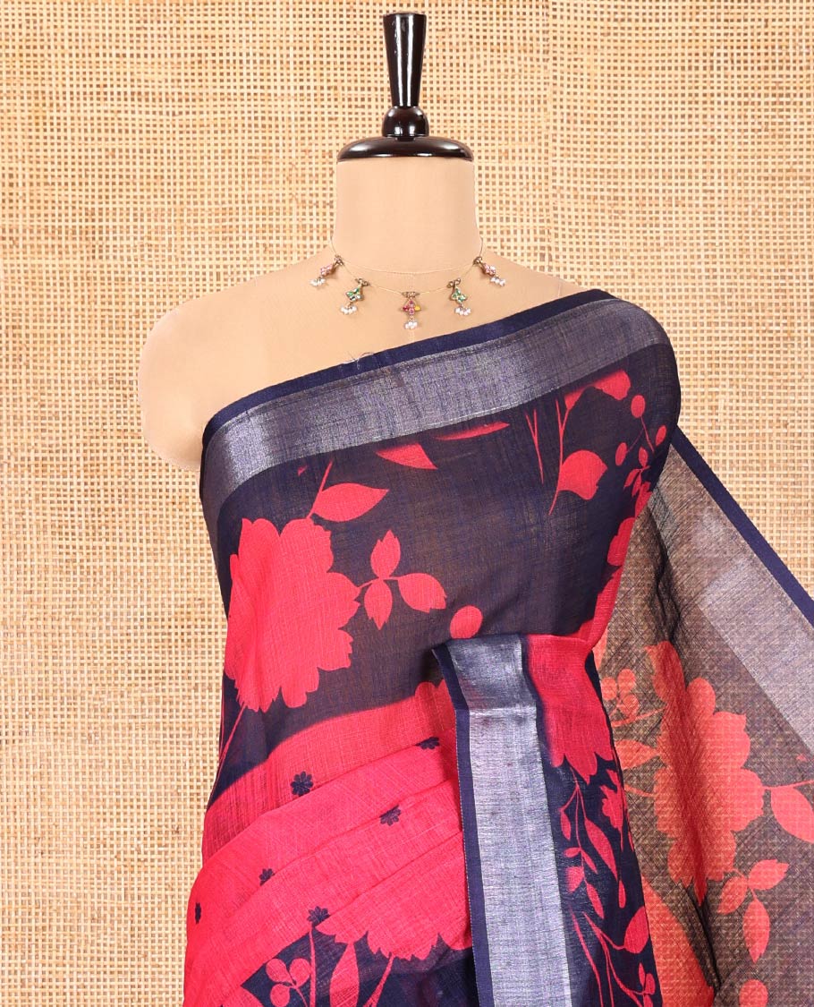 Pink Linen Cotton Saree, Beautified with Silhouette-Style Floral Vine Printed on Its Body, Subtly Zari Bavanji Border, Pallu of Same Floral Print, and Paired with a Matching Blouse