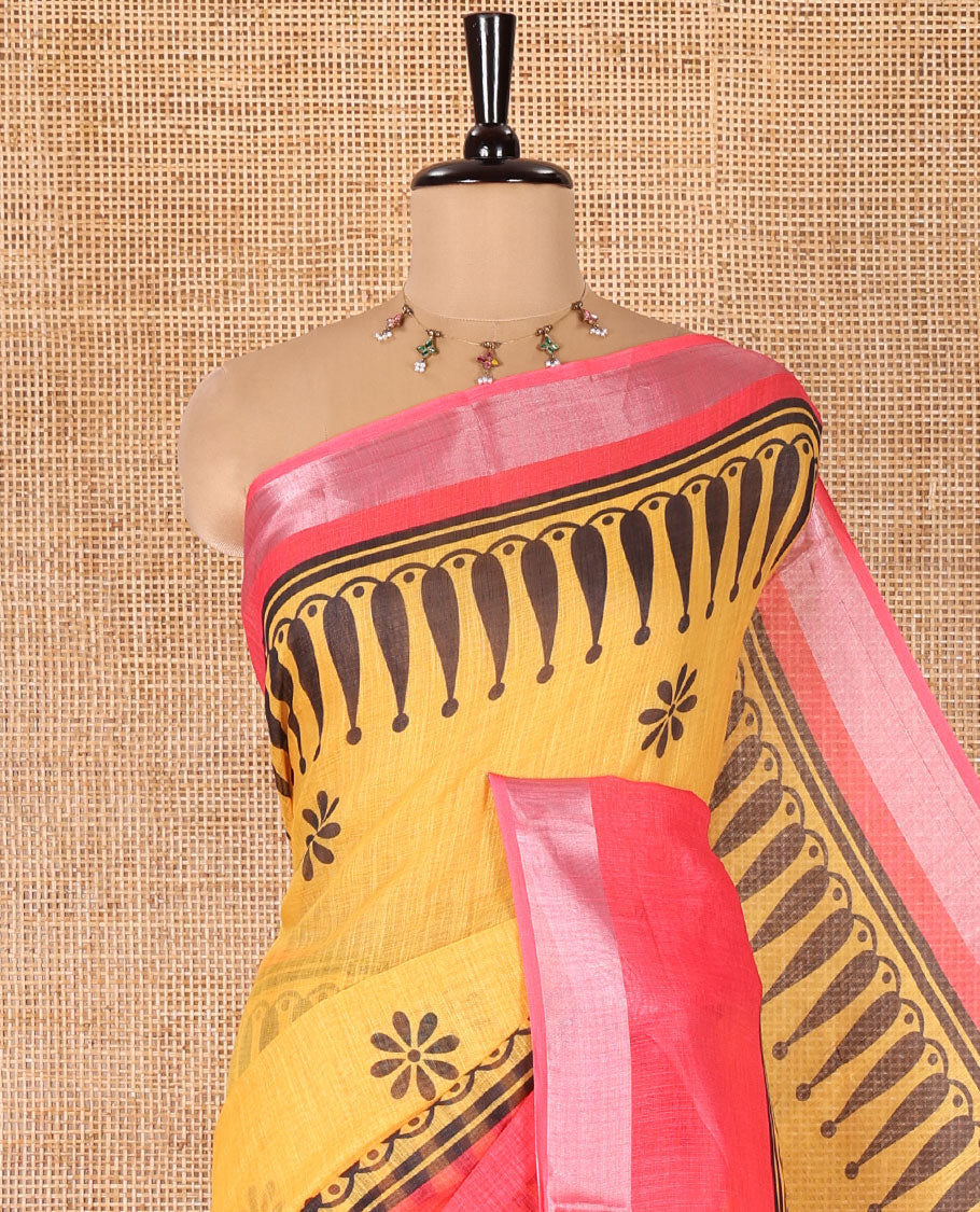 Yellow Linen Cotton Saree, Decked Up with Flower Motifs All Over Its Body, Complemented by a Contrast Border, Flower Motifs Printed Pallu, and Paired with a Contrast Blouse