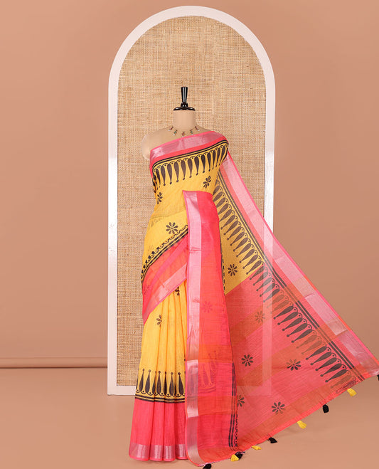 Yellow Linen Cotton Saree, Decked Up with Flower Motifs All Over Its Body, Complemented by a Contrast Border, Flower Motifs Printed Pallu, and Paired with a Contrast Blouse