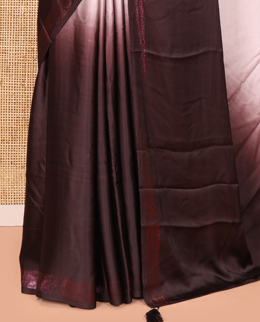 Dark Maroon Ombre Plain Satin Crepe Saree, Subtle Zari Border, Plain Pallu, and Comes without a Blouse