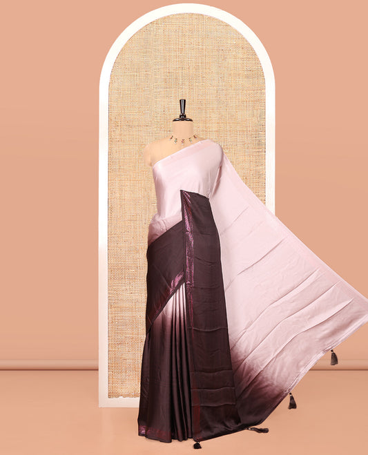 Dark Maroon Ombre Plain Satin Crepe Saree, Subtle Zari Border, Plain Pallu, and Comes without a Blouse