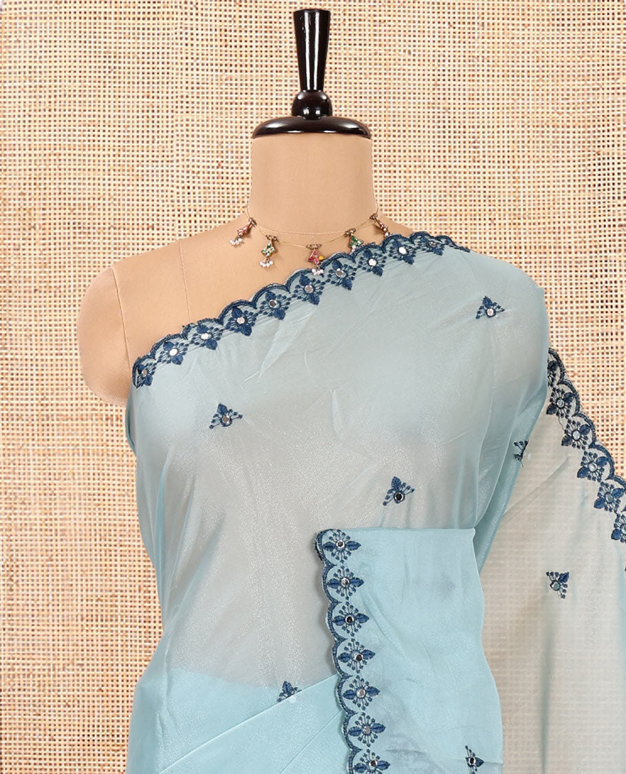 Sea Green Rangoli Chiffon Saree, Prettified with Thread and Mirror Work Buttas on Its Body, Subtle Scallop Embroidered Border, Embroidered Pallu, and Paired with a Contrast Mirror Work Blouse