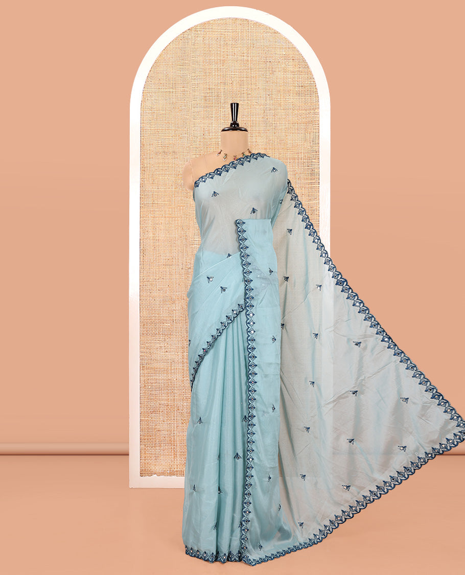 Sea Green Rangoli Chiffon Saree, Prettified with Thread and Mirror Work Buttas on Its Body, Subtle Scallop Embroidered Border, Embroidered Pallu, and Paired with a Contrast Mirror Work Blouse