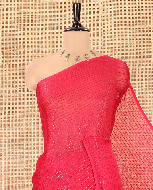 Borderless Rani Chiffon Saree, Gleamed Up with Horizontal Stripes on Its Body, a Self-Pallu, and Comes Without a Blouse