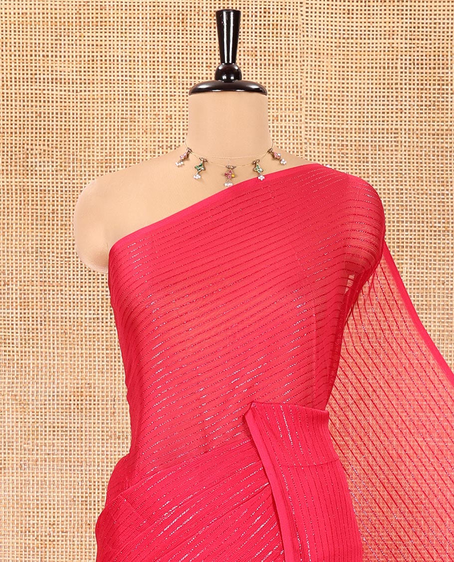 Borderless Rani Chiffon Saree, Gleamed Up with Horizontal Stripes on Its Body, a Self-Pallu, and Comes Without a Blouse