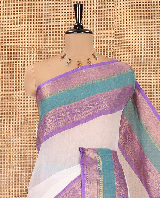 Cream Plain Khadi Mul Cotton Saree, Complemented by a Contrast Rettai Pettu Traditional Zari Design Border, a Self-Pallu, and Paired with a Matching Blouse