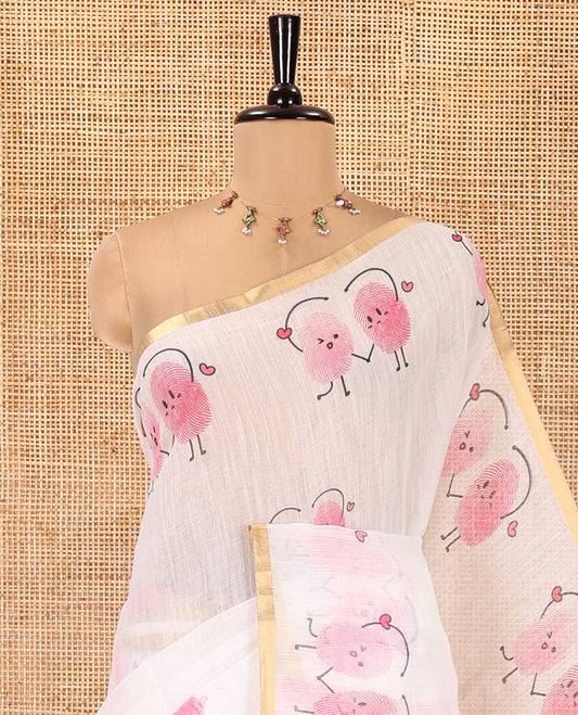 White Linen Cotton Saree, Creatively Printed with Thumb Finger Printed Cartoon-Theme Print on Its Body, a Subtle Piping Border, a Self-Printed Pallu, and Paired with a Matching Blouse