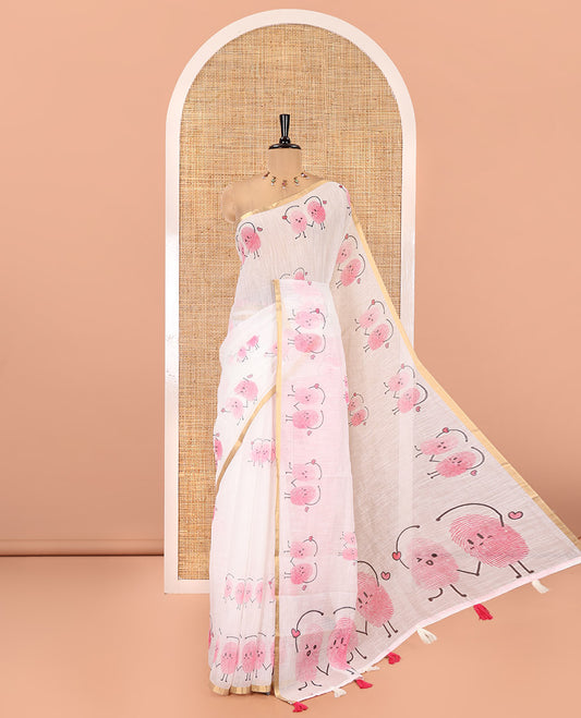 White Linen Cotton Saree, Creatively Printed with Thumb Finger Printed Cartoon-Theme Print on Its Body, a Subtle Piping Border, a Self-Printed Pallu, and Paired with a Matching Blouse