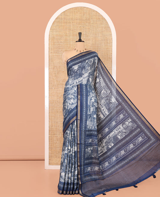Indigo Blue Muslin Cotton Saree, Creatively Printed with Mughal-Themed Motifs on Its Body, a Subtle Geometric Printed Border, Striped Pallu, and Matching Blouse