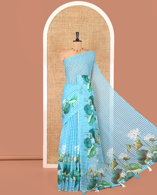 Borderless Blue Linen Cotton Saree, Bedecked with Micro-Checks and Pichwai Lotus Print, a Subtle Pallu, and a Matching Blouse
