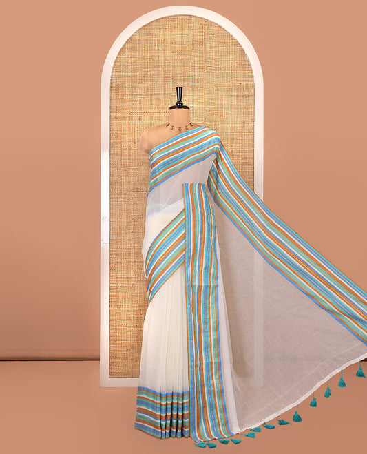 Cream Khadi Mul Cotton Saree, Complemented by a Contrast Multi-Colored Horizontal Zari Striped Border, a Plain Pallu, and No Blouse