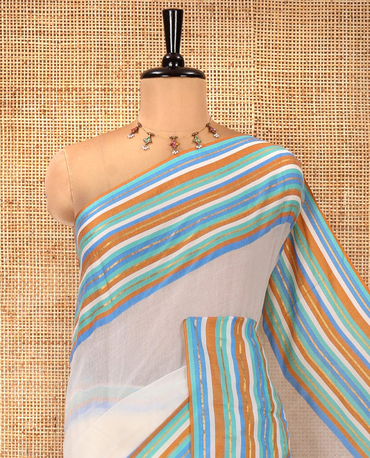 Cream Khadi Mul Cotton Saree, Complemented by a Contrast Multi-Colored Horizontal Zari Striped Border, a Plain Pallu, and No Blouse
