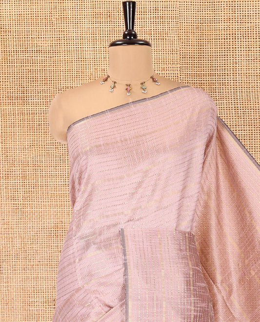 Borderless Pale Purple Semi-Raw Silk Saree, Ornamented with Muthu Stripes on Its Body, Complemented by a Contrast Zari Striped Pallu, and Paired with a Contrast Blouse