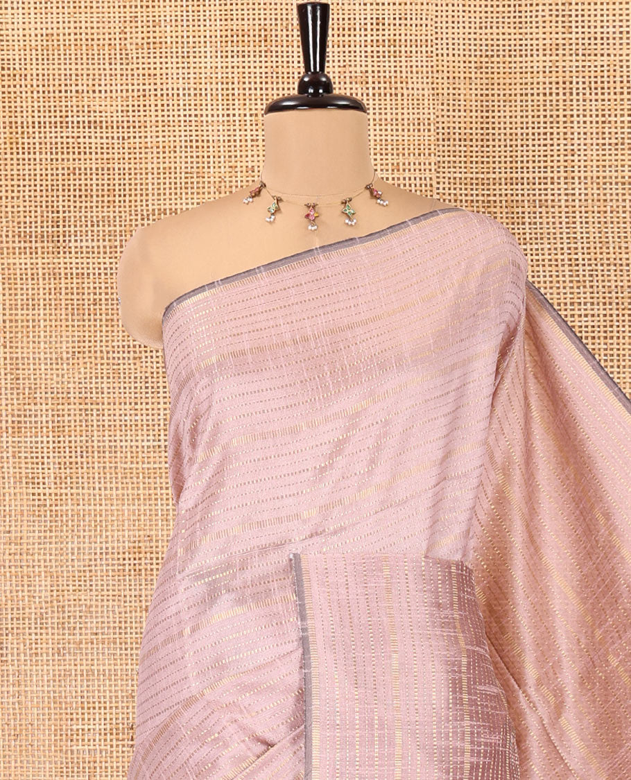 Borderless Pale Purple Semi-Raw Silk Saree, Ornamented with Muthu Stripes on Its Body, Complemented by a Contrast Zari Striped Pallu, and Paired with a Contrast Blouse