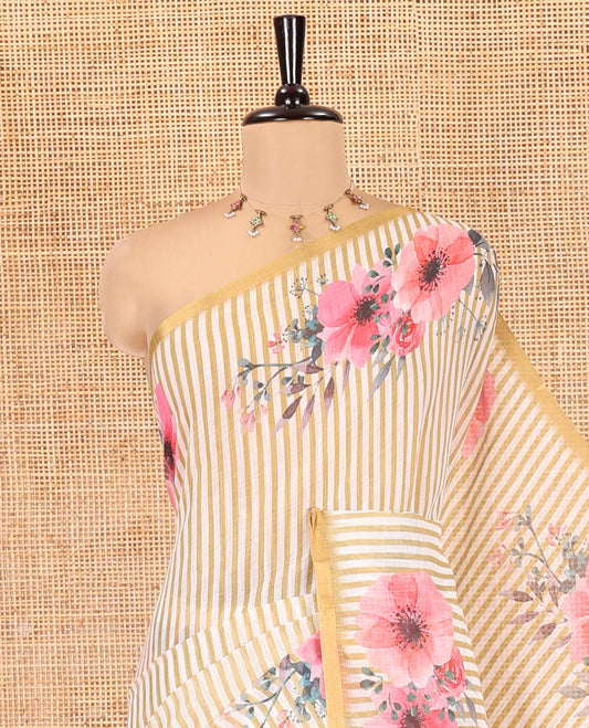 Mustard Linen Cotton Saree, Subtly Sparkled With Vertical Stripes, and Floral Motifs Print, A Subtle Piping Border, Floral Printed Pallu and a Matching Blouse