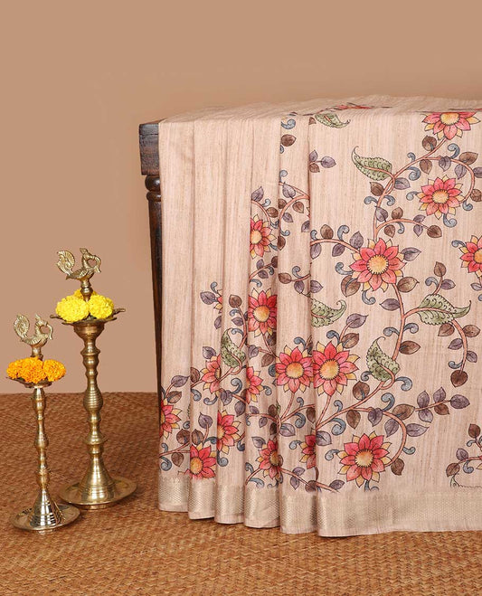 Chikku color kalamkari print kicha tussar saree with zari katti border & cheer pallu along with plain blouse