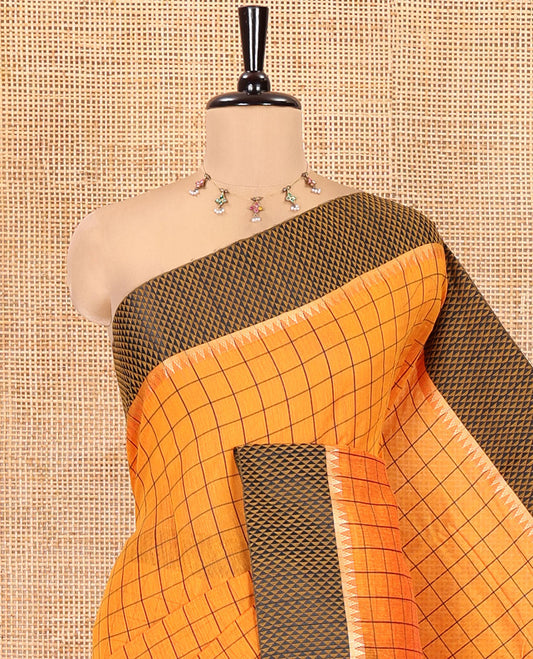 Orange Checked Mercerised Cotton Saree, Contrast Temple Ara Maadam Border, Striped Pallu, and Matching Blouse