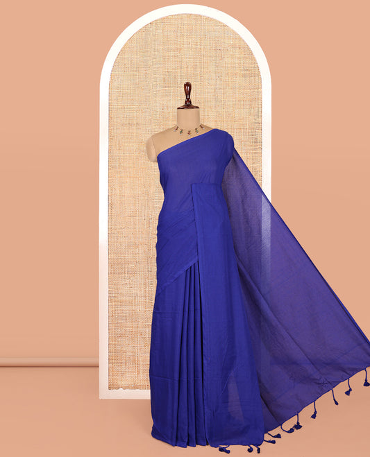 Borderless Royal Blue Plain Khadi Cotton Saree, a Self-Pallu with Tassels, and a Matching Blouse