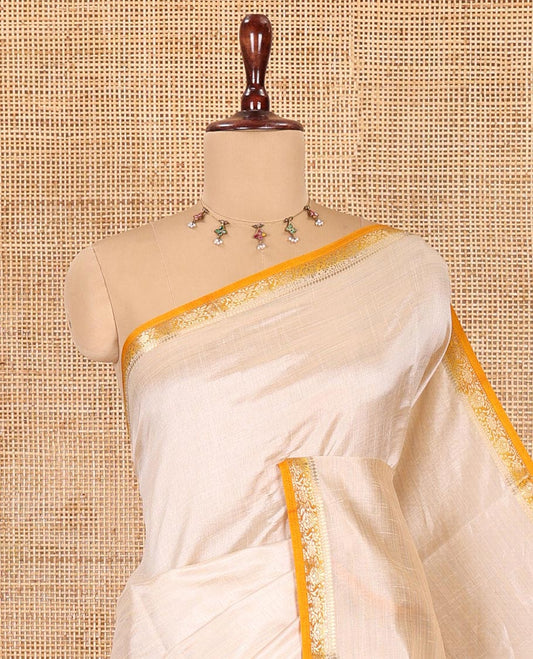 Chikku-Mustard Plain Semi-Tussar Saree, Complemented by Contrast Floral Creeper Zari Border, Striped Pallu and a Contrast Blouse