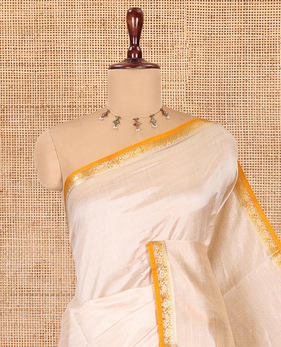 Chikku-Mustard Plain Semi-Tussar Saree, Complemented by Contrast Floral Creeper Zari Border, Striped Pallu and a Contrast Blouse