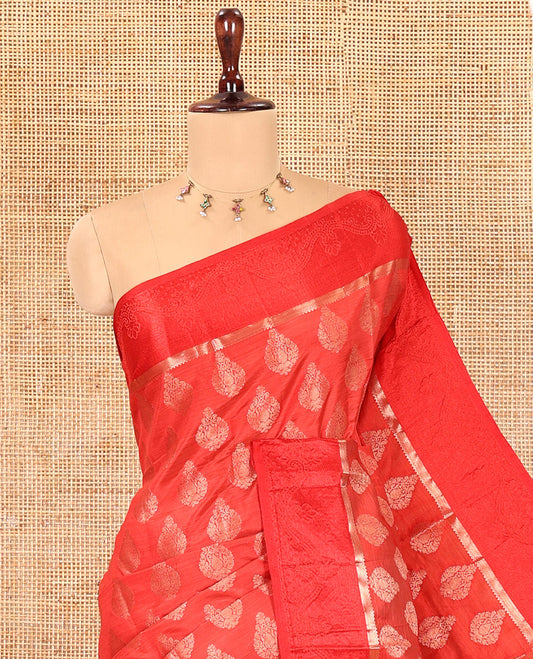 Red Semi-Tussar Saree, Spotlighted with Zari Buttas, a Satin Embossed Border, Gleaming Pallu, and a Matching Blouse