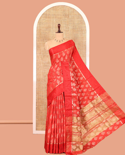 Red Semi-Tussar Saree, Spotlighted with Zari Buttas, a Satin Embossed Border, Gleaming Pallu, and a Matching Blouse