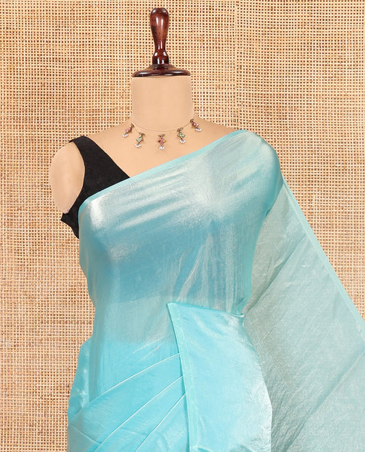 Borderless Sea Green Plain Fendi Chiffon Saree, a Self-Pallu, and a Matching Peacock Embroidered Blouse