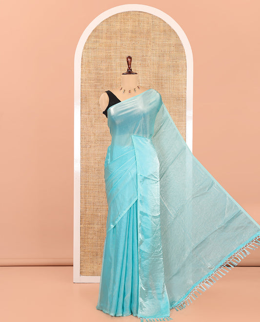 Borderless Sea Green Plain Fendi Chiffon Saree, a Self-Pallu, and a Matching Peacock Embroidered Blouse