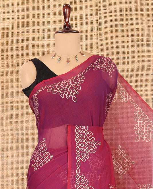 Borderless Onion Pink Khadi Mul Cotton Saree, Mesmerized with Kambi Kolam Motifs, Self-Pallu of Kambi Kolam, and No Blouse