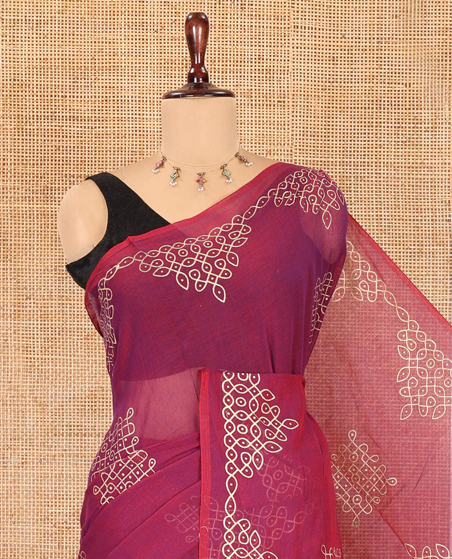 Borderless Onion Pink Khadi Mul Cotton Saree, Mesmerized with Kambi Kolam Motifs, Self-Pallu of Kambi Kolam, and No Blouse