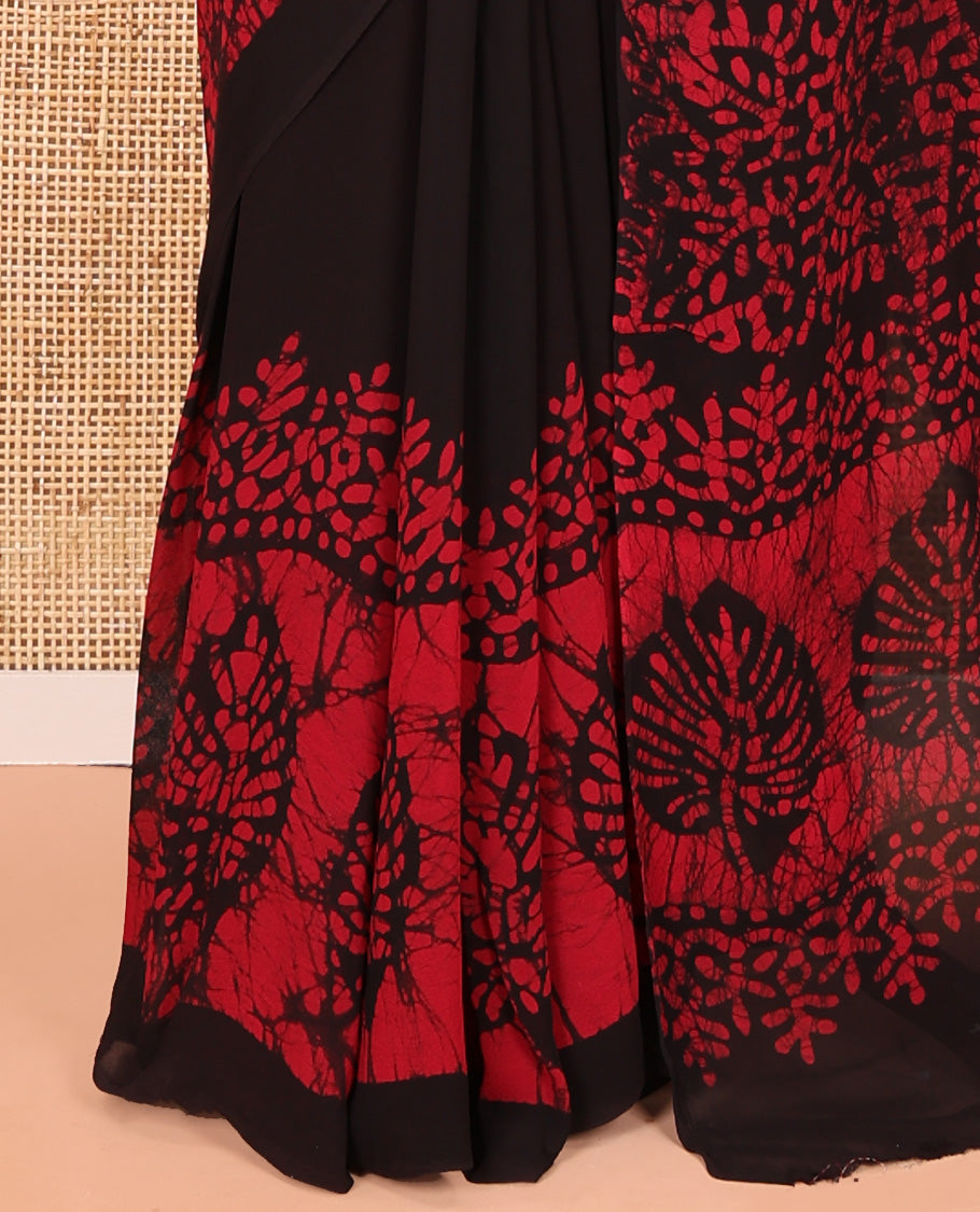 Black-Red Plain 60gm Georgette Saree, Double-Sided Batik Printed Border, Batik Printed Pallu, and a Matching Blouse