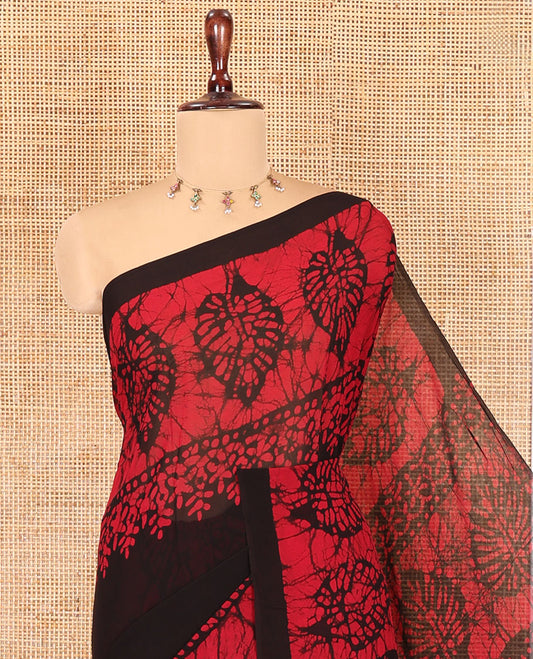 Black-Red Plain 60gm Georgette Saree, Double-Sided Batik Printed Border, Batik Printed Pallu, and a Matching Blouse
