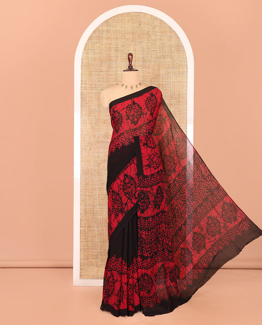 Black-Red Plain 60gm Georgette Saree, Double-Sided Batik Printed Border, Batik Printed Pallu, and a Matching Blouse