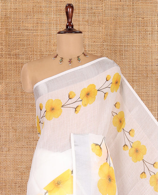 White-Yellow Linen Cotton Saree, Beautified with Floral Print, a Subtle Zari Border, and a Matching Blouse