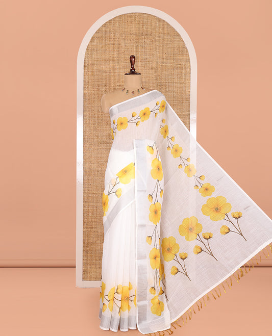 White-Yellow Linen Cotton Saree, Beautified with Floral Print, a Subtle Zari Border, and a Matching Blouse