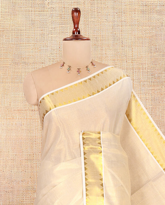 Gold Plain Kerala Tissue Saree, Gleaming Zari Temple Border, Zari Striped, and a Matching Blouse