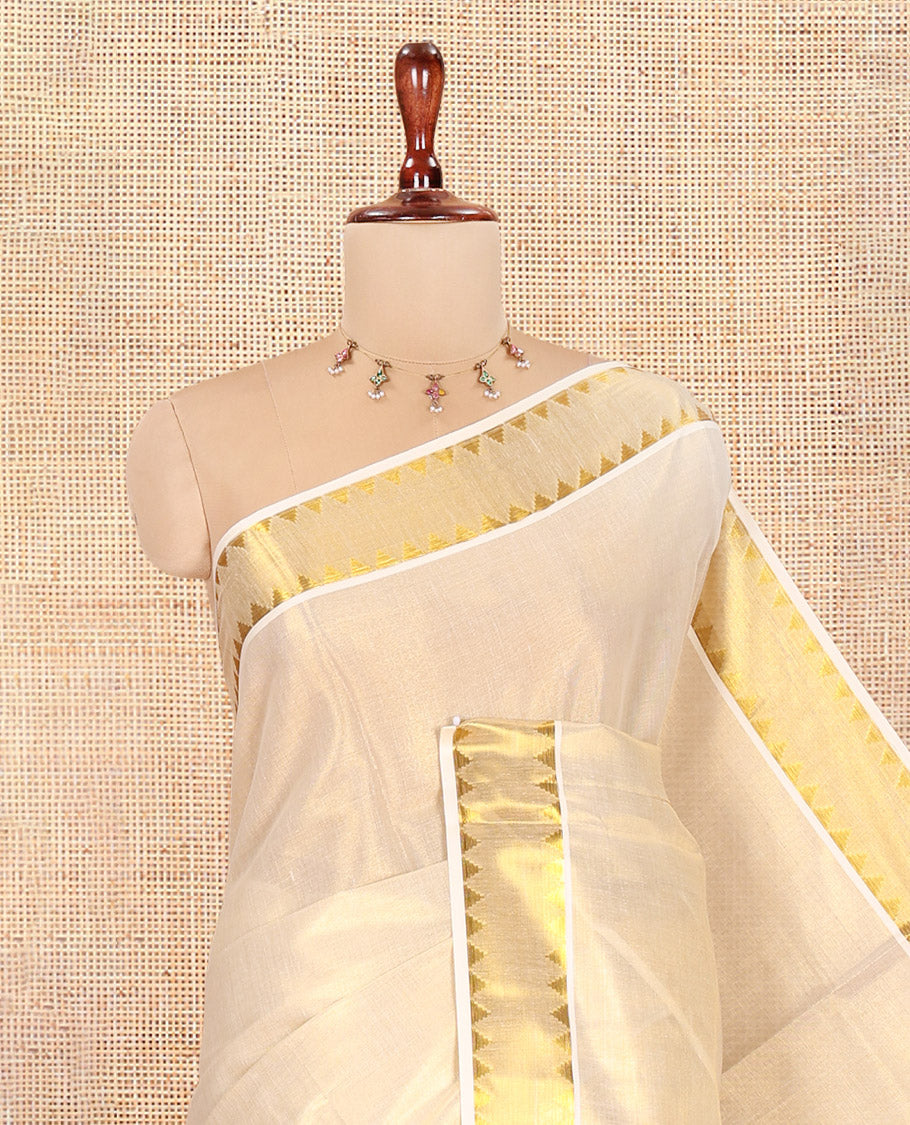 Gold Plain Kerala Tissue Saree, Gleaming Zari Temple Border, Zari Striped, and a Matching Blouse
